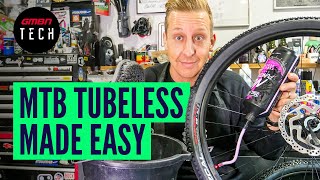 How To Convert Your MTB Wheels To Tubeless  Mountain Bike Tubeless Setup [upl. by Adnim]