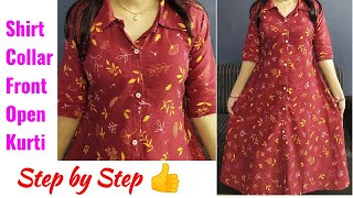 Shirt Collar Front Open Kurti Cutting and Stitching step by step [upl. by Eniluqaj]