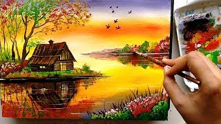 Beautiful Riverside Scenery Painting  Acrylic Painting Tutorial [upl. by Mylander]