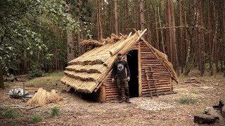 Thatch Roof House Full Bushcraft Shelter Build with Hand Tools  Saxon House [upl. by Hpesoy]