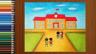 School Drawing  How To Draw a School Scene Step by Step for Kids [upl. by Thurston135]