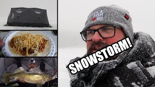 Winter Camping on ICE during a Snowstorm  Do BIG Walleye bite at night [upl. by Itch]