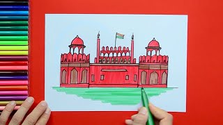 How to draw Red Fort New Delhi  Azadi Ka Amrit Mahotsav 75th Year of Independence Day of India [upl. by Pattie]