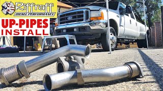 2001 F350 73  RiffRaff UpPipes Install  Stock up pipes leaking and falling apart JUNK SP [upl. by Acimot287]