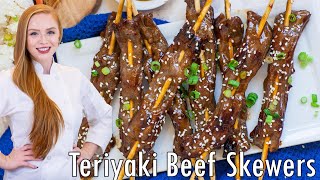 EASY Grilled Teriyaki Beef Skewers Recipe  with Homemade Teriyaki Sauce [upl. by Arualana]