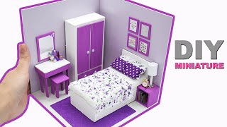 DIY Miniature Dollhouse Room 9 Purple Bedroom  Manilature [upl. by Ert]