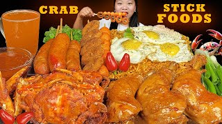 Stick Food Mukbang  Eating Super Spicy Noodles  Chicken Adobo  Fried Crab  Fish Ball  Sausages [upl. by Lasala]