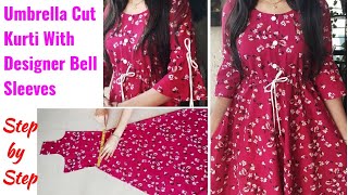 DIY Umbrella Cut Weist Tie With Designer Bell Sleeves Kurti Cutting and Stitching  Kurti Cutting [upl. by Bridget458]