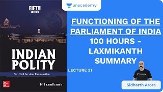 L31 Functioning of The Parliament of India  100 Hours  Laxmikanth Summary  UPSC  Sidharth Arora [upl. by Gayn]