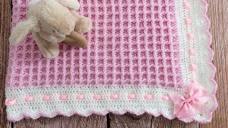 How to Crochet Waffle Stitch Baby Blanket Pretty amp EASY 2row repeat [upl. by Nothgiel689]