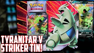 WHAT PACKS are INSIDE Tyranitar V Strikers Tin Opening [upl. by Kcirdorb]