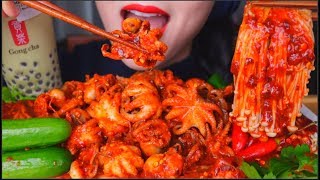 ASMR SPICY BABY OCTOPUS  KIMCHI FRIED RICE  SPICY ENOKI MUSHROOM  BOBA TEA  章鱼 咀嚼音  먹방 [upl. by Venezia]