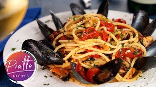 Seafood Pasta Recipe  SPAGHETTI with MUSSELS White Wine and Tomatoes [upl. by Ylicec]